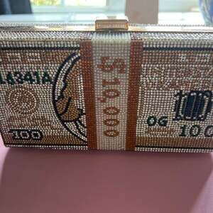 Crystal Rhinestone Stack of Cash Money Box Clutch Purse